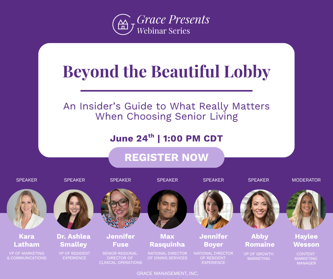 Promo banner for Grace Presents Webinar Series: 'Beyond the Beautiful Lobby' with date June 24, 1:00 PM CDT and a 'Register Now' button; features headshots of six speakers and a moderator beneath.